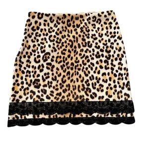 Blumarine Virgin Wool Leopard‎ Print Mini Skirt Black Lace Trim Size US 6/IT 42